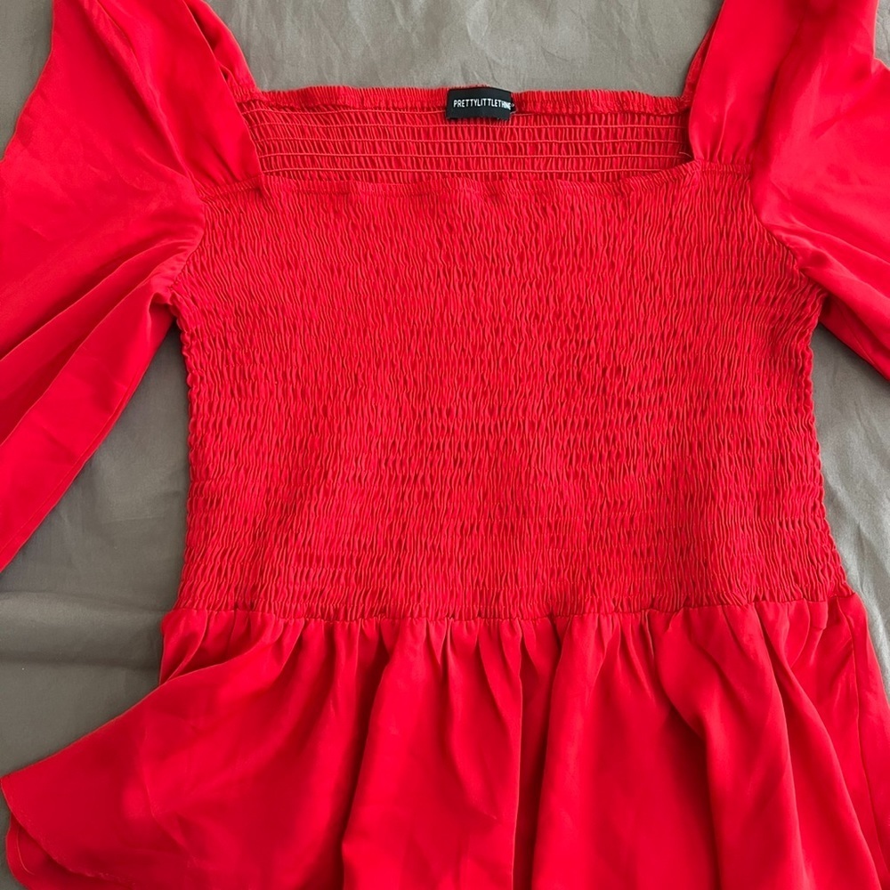 PrettyLittleThing Red Smocked Peplum Blouse